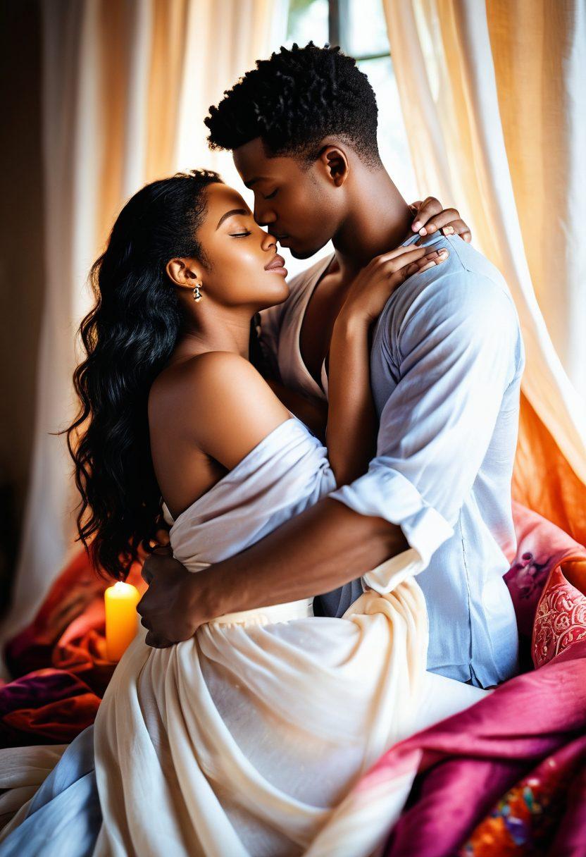 A warm and inviting scene depicting a diverse couple in an intimate embrace, surrounded by soft, flowing fabrics and gentle light that highlights their body positivity. Include subtle symbols of love like flowers and candles in the background, creating a serene atmosphere. The couple's expressions should convey trust and comfort, celebrating their uniqueness and sensuality. Use vibrant colors and soft focus for an ethereal effect. vibrant colors. soft focus. painterly style.