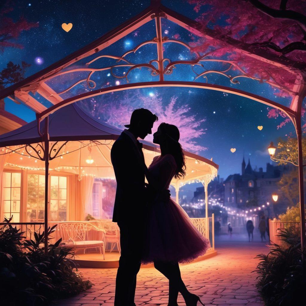 A whimsical scene depicting a silhouette of a couple flirting under a canopy of twinkling stars, surrounded by ethereal elements like glowing hearts and subtle hints of adult entertainment, such as playful masks and feathered accessories. The background showcases a dreamy cityscape with soft, vibrant colors that evoke desire and allure. The overall mood is romantic yet playful, capturing the essence of navigating romantic interests. dreamy illustration. vibrant colors. super-realistic.